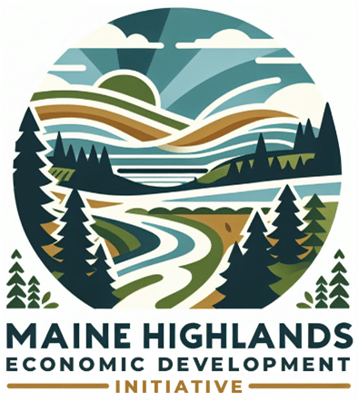 Maine Highlands Economic Development Initiative logo with scenic illustration of Maine rivers, forests, and hills